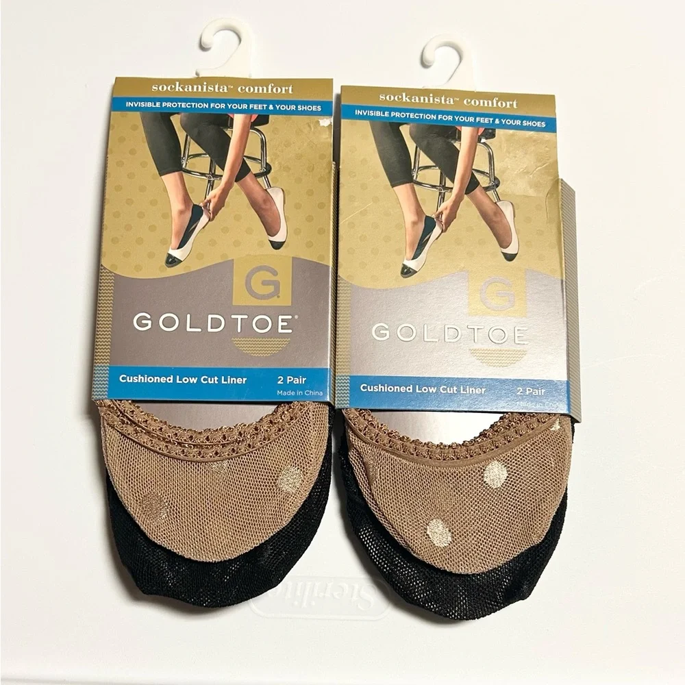 Gold Toe Woman’s Cushioned Low Cut Liners 2 Black 2 Nude Shoe Size 5-9 NEW